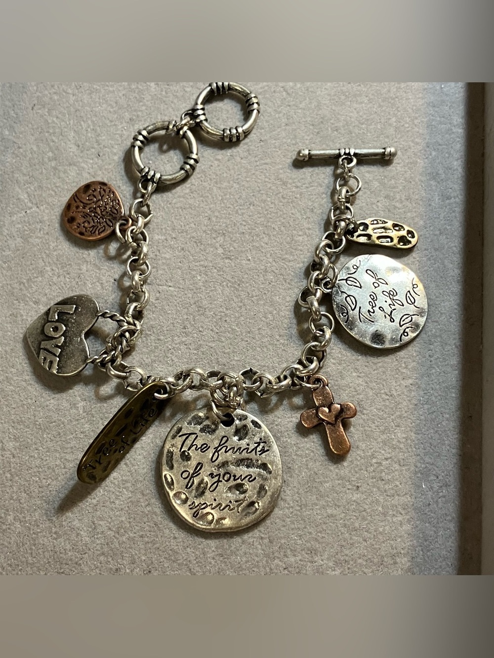 Mixed Metal Inspirational Charm Bracelet The Fruits of Your Spirit 6.5-7.25”
